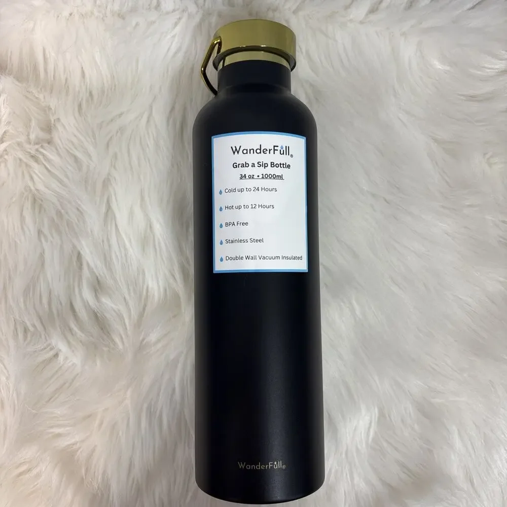 Wanderfull Hydrobag with 34oz Water Bottle Black Shiny Puffer Bag Gold Hardware